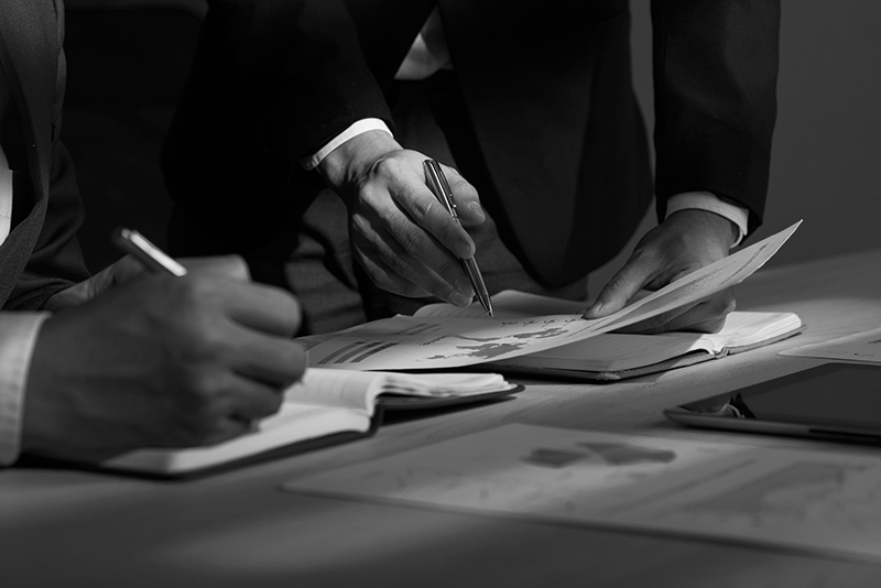 Close-up image of business partners working with financial documents