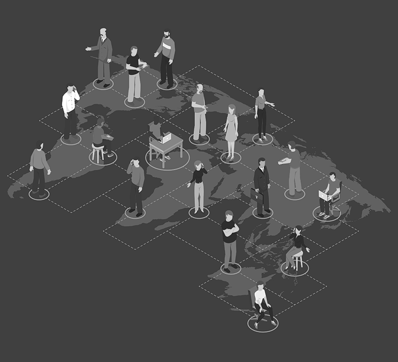 Isometric poster of people connected to global communication on world map dark blue background vector illustration